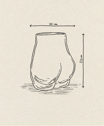 A minimalist line drawing of the HKLIVING Glass Bum Vase by HKLIVING, 20 cm wide and 23 cm tall, is shown on a textured beige background with labeled measurement arrows above and to the right.