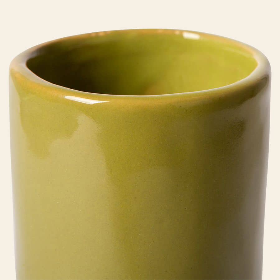 Close-up of the top section of the HKliving HK Objects: Ceramic Twisted Vase by HKliving, featuring a glossy olive stoneware finish, smooth rounded rim, and minimalist design against a plain background.