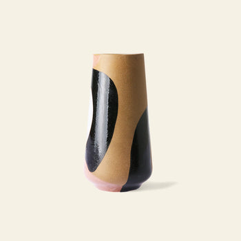 The HKLIVING Hand Painted Ceramic Flower Vase by HKLIVING features a tall, modern, slightly tapered design with abstract black, tan, and pink curved shapes on matte ceramic for a striking decorative piece.