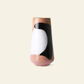 The HKLIVING Hand Painted Ceramic Flower Vase features a tall pinkish base and bold black and white abstract shapes, making it a striking centerpiece or decorative flower vase from the HKLIVING brand.