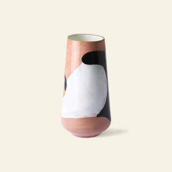 The HKLIVING Hand Painted Ceramic Flower Vase features abstract shapes in pink, white, black, and tan on light beige, with a matte finish—perfect as a centerpiece or decorative flower vase for your home.