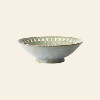 The HKLIVING Kyoto Ceramics Japanese Ceramic Salad Bowl features a shallow, round shape, muted greenish-blue glaze, and geometric inner rim pattern, all hand-finished by HKLIVING and shown against a plain light background.
