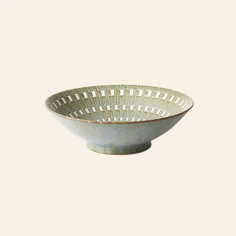 The HKLIVING Kyoto Ceramics Japanese Ceramic Salad Bowl features hand-finished green and beige interlocking lines on a wide rim, inspired by Kyoto ceramics, set against a plain light background.