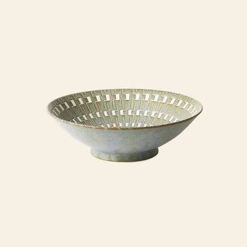 The HKLIVING Kyoto Ceramics Japanese Ceramic Salad Bowl features hand-finished green and beige interlocking lines on a wide rim, inspired by Kyoto ceramics, set against a plain light background.