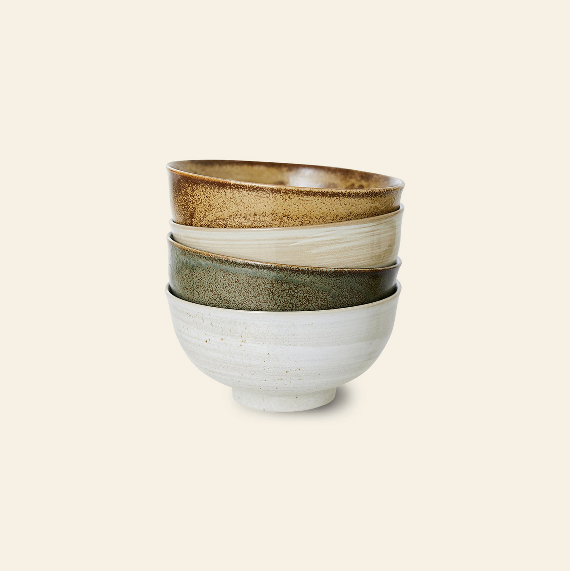 The HKLIVING Kyoto Ceramics Japanese Noodle Bowls, Set of 4, features hand-finished bowls in earthy brown, greenish, and off-white glazes inspired by Kyoto ceramics—perfect for serving Japanese noodles on any table.