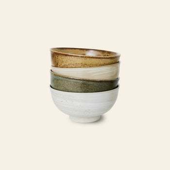 The HKLIVING Kyoto Ceramics Japanese Noodle Bowls, Set of 4, features hand-finished bowls in earthy brown, greenish, and off-white glazes inspired by Kyoto ceramics—perfect for serving Japanese noodles on any table.