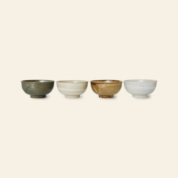 The HKLIVING Kyoto Ceramics Japanese Noodle Bowls, Set of 4, features hand-finished bowls in green, beige, brown, and white tones arranged against a light background, inspired by classic Kyoto ceramic artistry.