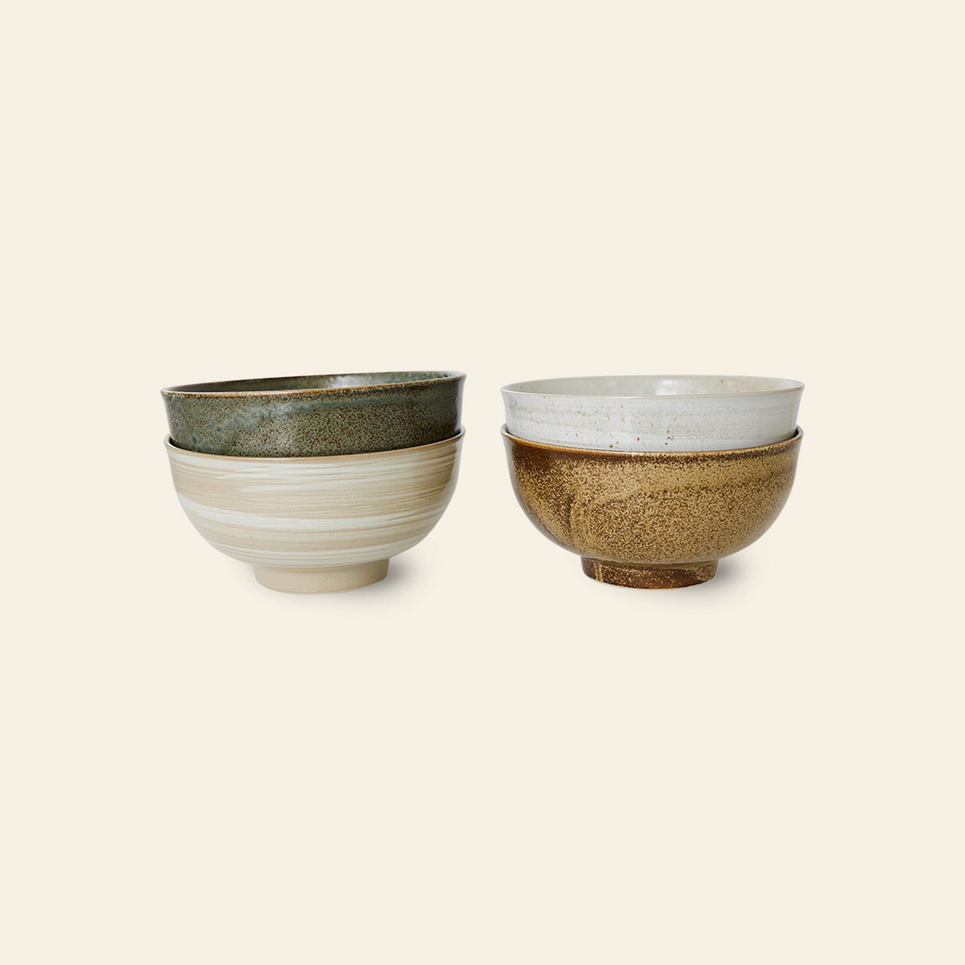 Four HKLIVING Kyoto Ceramics Japanese Noodle Bowls, featuring earthy tones and a hand-finished look inspired by classic Kyoto ceramics, are arranged against a plain light background.