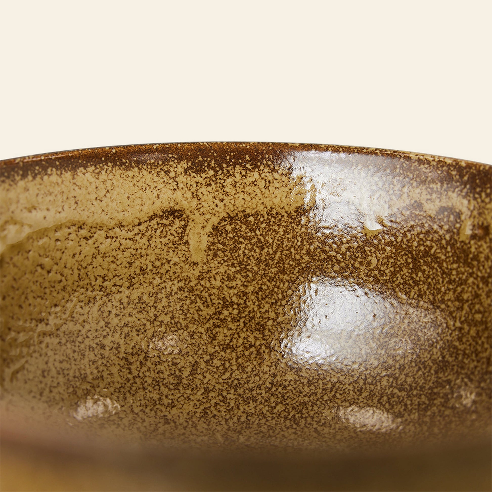 Close-up of an HKLIVING Kyoto Ceramics Japanese Noodle Bowl, hand-finished with a glossy speckled brown and beige glaze that highlights texture and color variation—part of a set of 4—set against a plain light background.