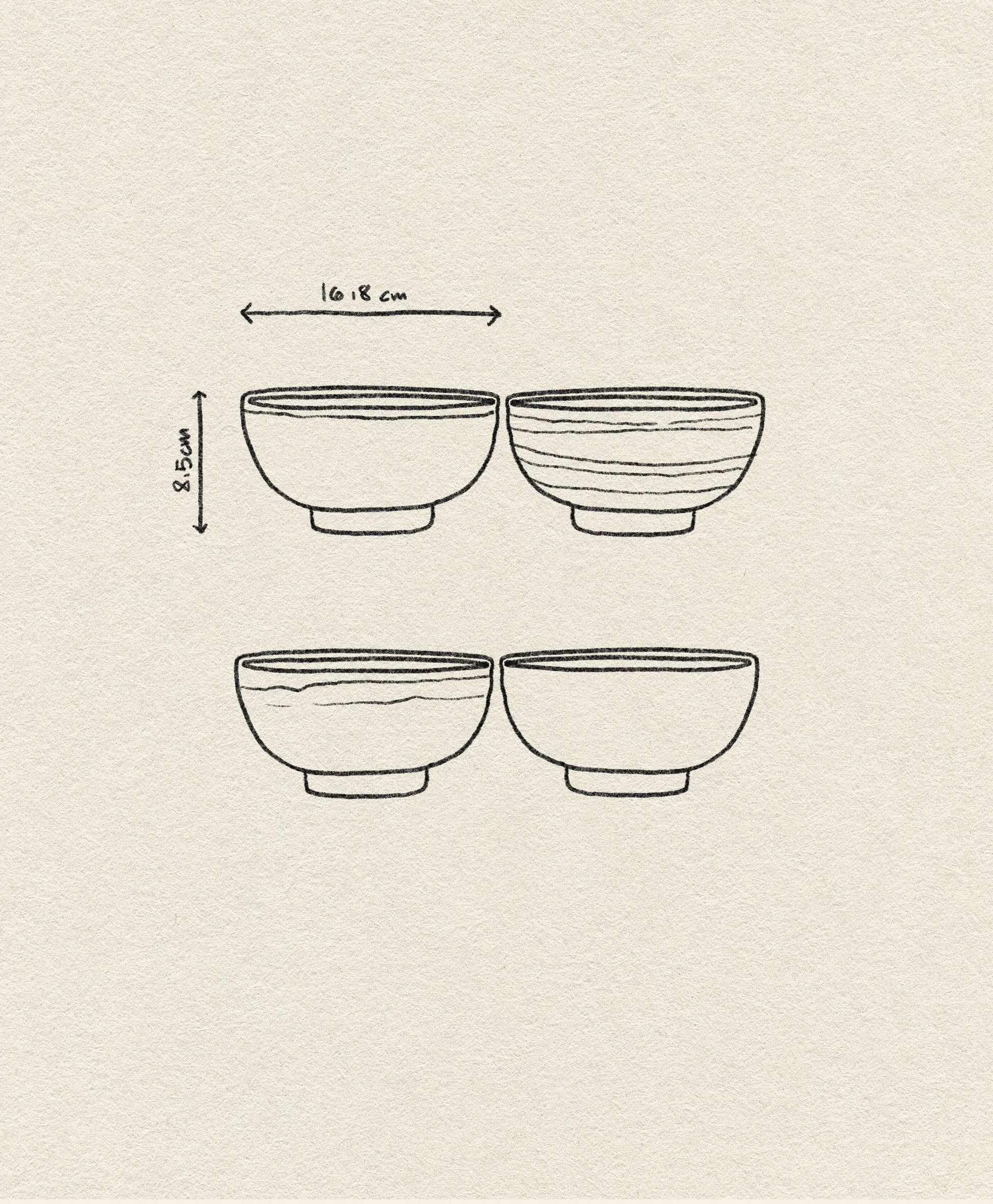 A line drawing shows four HKLIVING Kyoto Ceramics: Japanese Noodle Bowls, Set of 4, in a square. Arrows mark the top two bowls as 16.18 cm wide and 8.54 cm tall on an off-white textured background inspired by classic Kyoto ceramics style.