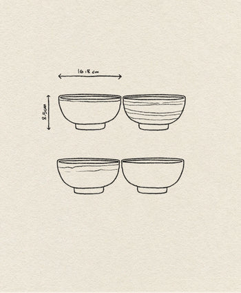 A line drawing shows four HKLIVING Kyoto Ceramics: Japanese Noodle Bowls, Set of 4, in a square. Arrows mark the top two bowls as 16.18 cm wide and 8.54 cm tall on an off-white textured background inspired by classic Kyoto ceramics style.