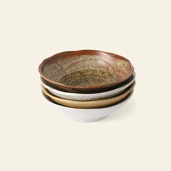 A set of four HKLIVING Kyoto Ceramics Japanese Shallow Bowls in earthy tones, each featuring different textures and glazes, are stacked together on a plain light background.
