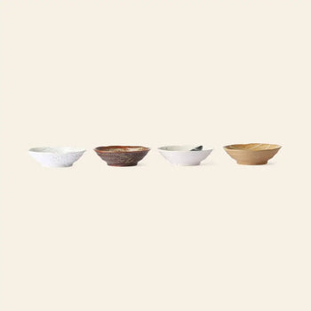 The HKLIVING Kyoto Ceramics Japanese Shallow Bowls, Set of 4, features handmade bowls in earthy tones—white, brown, off-white with dark accent, and tan—arranged in a row. Inspired by traditional Kyoto ceramics.