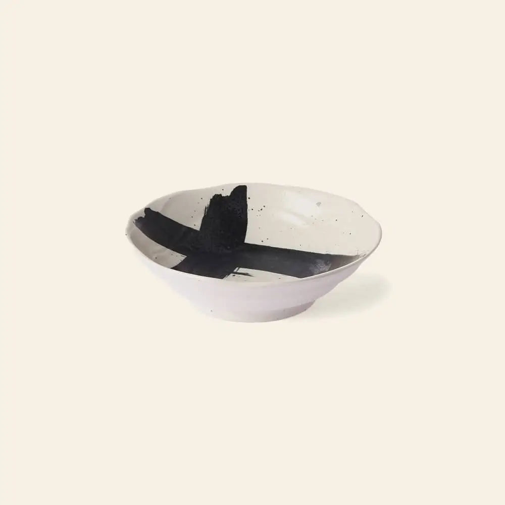 The HKLIVING Kyoto Ceramics Japanese Shallow Bowls, Set of 4, feature a bold black cross design on white ceramic, inspired by traditional Kyoto ceramics, and are perfect for elegant modern dining.