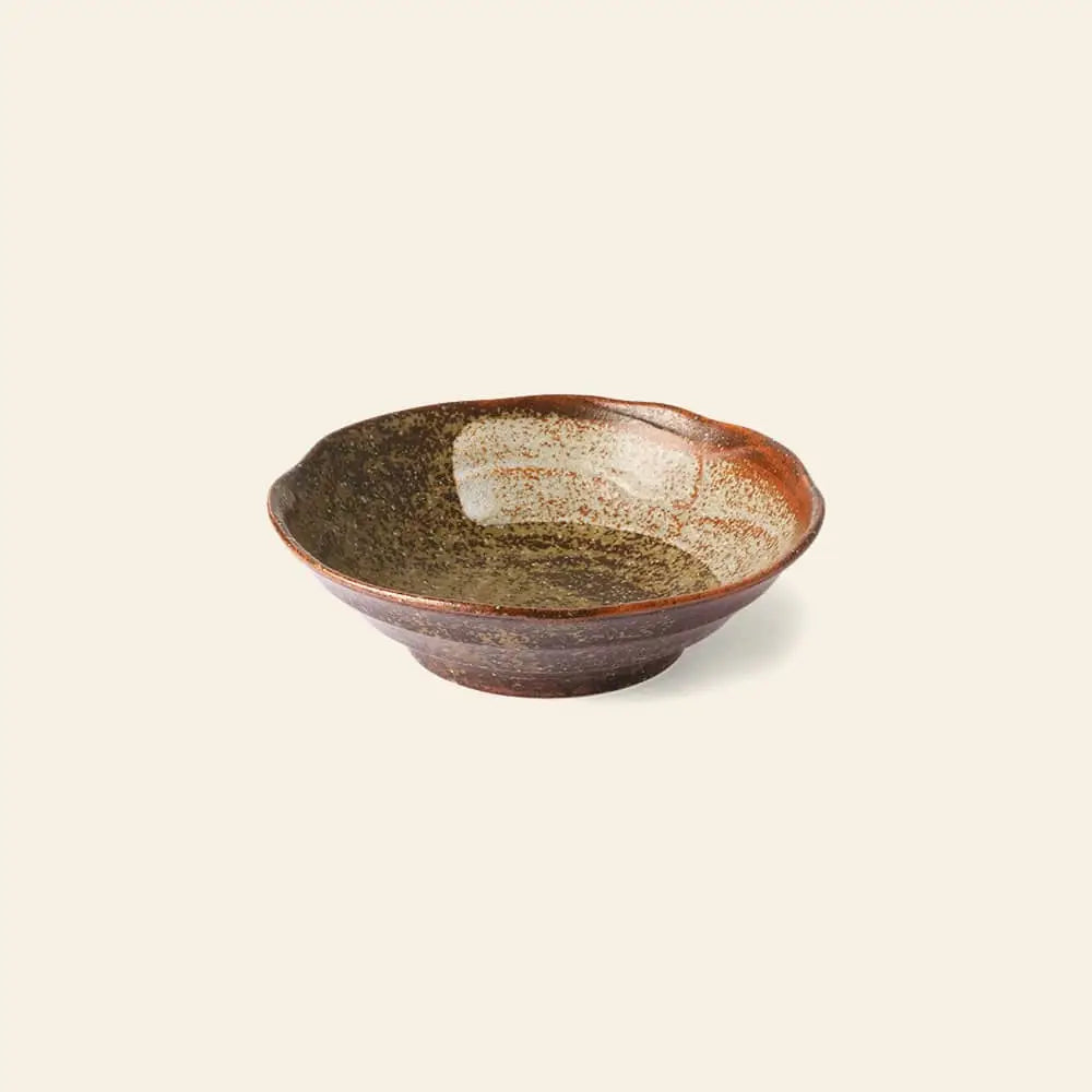 The HKLIVING Kyoto Ceramics Japanese Shallow Bowls, Set of 4, feature rustic brown and earth-toned glazes, uneven rims, and a handmade look—ideal for fans of authentic Japanese ceramics. Photographed against a plain light background.