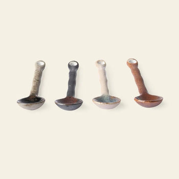 The HKLIVING Kyoto Ceramics: Japanese Tea Spoons, Set of 4 features ceramic spoons with textured handles in gray, dark brown, light beige, and reddish brown, arranged on a light background to showcase HKLIVING's artisanal craft.