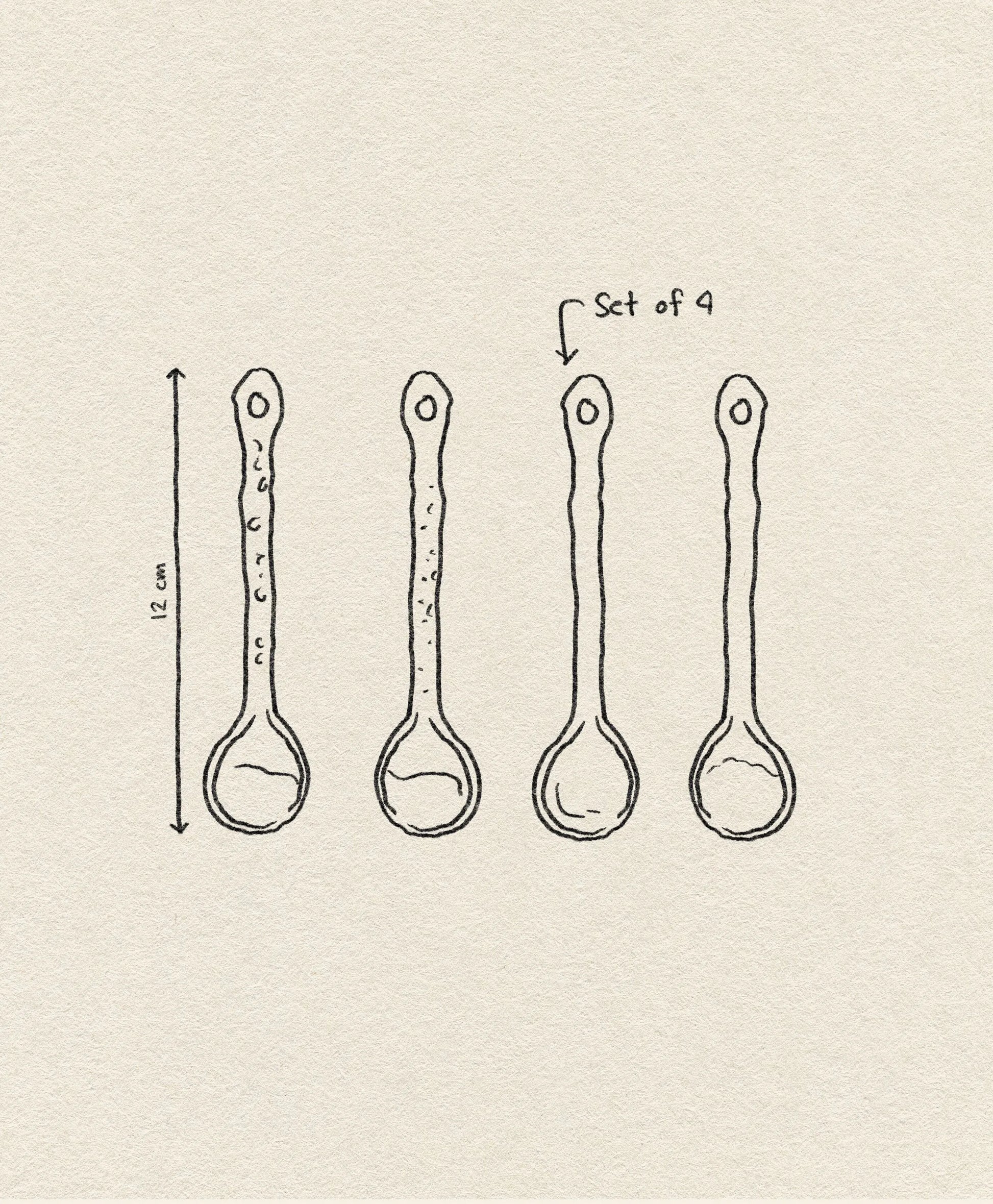 A hand-drawn illustration shows the HKLIVING Kyoto Ceramics Japanese Tea Spoons, Set of 4, each 12 cm long. The elegant design is set against textured, off-white paper, highlighting this stylish HKLIVING product.