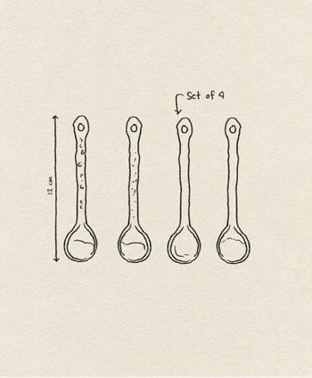 A hand-drawn illustration shows the HKLIVING Kyoto Ceramics Japanese Tea Spoons, Set of 4, each 12 cm long. The elegant design is set against textured, off-white paper, highlighting this stylish HKLIVING product.