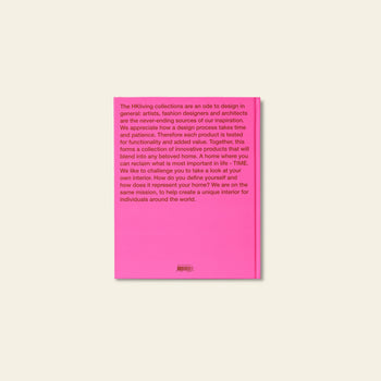 The image shows the back cover of the HKLIVING Limited Edition Lookbook '22, a vibrant coffee table book by HKLIVING with striking visuals and text on their design philosophy—highlighting time, patience, functionality, and individuality.
