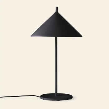 The HKliving Metal Triangle Table Lamp M by HKliving features modern elegance with its conical shade, slim straight stem, and round base. It uses an E14 Max 11w LED bulb, with a power cord extending from the base.