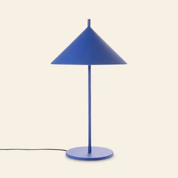 The HKliving Metal Triangle Table Lamp M by HKliving features modern elegance with a matte blue finish, wide conical shade, round base, visible black power cord, and uses an E14 Max 11w LED bulb for efficient lighting.