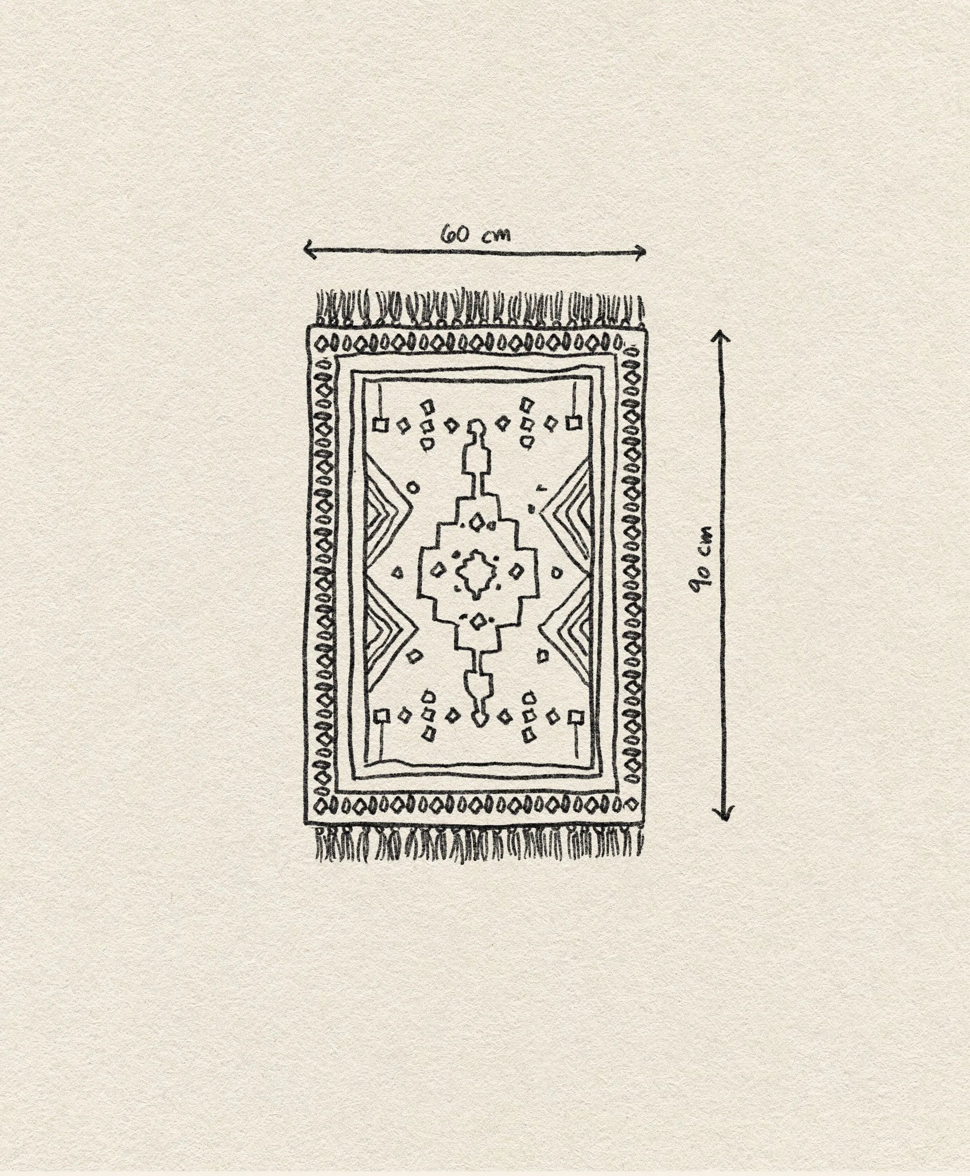 Hand-drawn illustration of HKLIVING Printed Bathmat Overtufted by HKLIVING, featuring a chic rectangular pattern, fringe on the short sides, 60x90 cm dimensions with labeled arrows. Set against an off-white background.