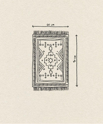 Hand-drawn illustration of HKLIVING Printed Bathmat Overtufted by HKLIVING, featuring a chic rectangular pattern, fringe on the short sides, 60x90 cm dimensions with labeled arrows. Set against an off-white background.