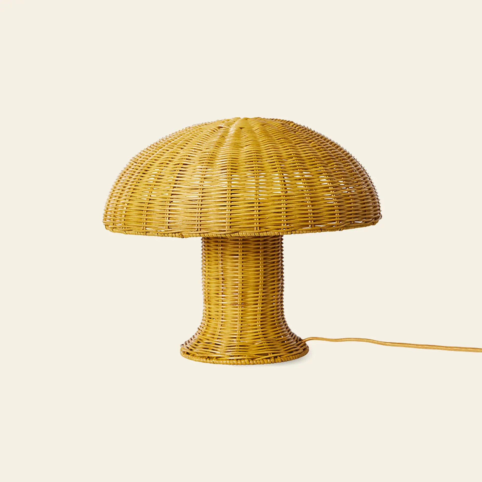 The HKLIVING Rattan Table Lamp by HKLIVING features a vintage mushroom design with a yellow cord, shown on a light beige background—an ideal piece for creating cozy lighting in any room.
