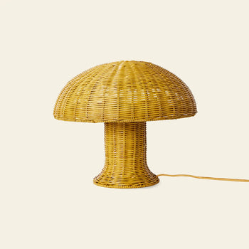 The HKLIVING Rattan Table Lamp by HKLIVING features a vintage mushroom design with a yellow cord, shown on a light beige background—an ideal piece for creating cozy lighting in any room.
