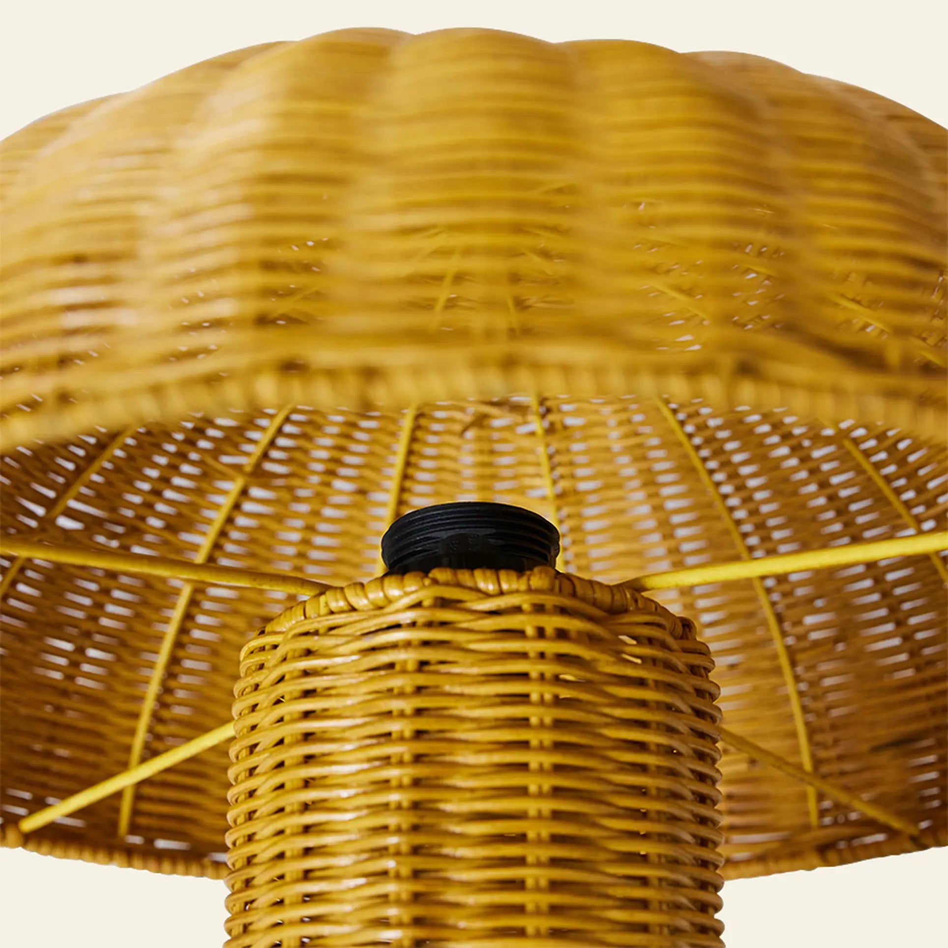 Close-up of the HKLIVING Rattan Table Lamp by HKLIVING, showing its vintage-inspired woven wicker shade and base in warm golden yellow with intricate patterns and a black socket beneath.