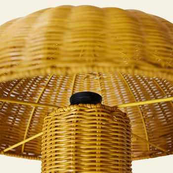 Close-up of the HKLIVING Rattan Table Lamp by HKLIVING, showing its vintage-inspired woven wicker shade and base in warm golden yellow with intricate patterns and a black socket beneath.