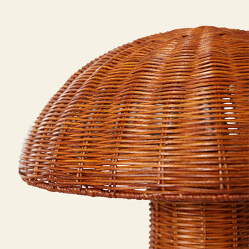 Close-up of the HKLIVING Rattan Table Lamp by HKLIVING, featuring a mushroom shape and detailed warm brown wicker texture—an inviting accent to brighten any space.