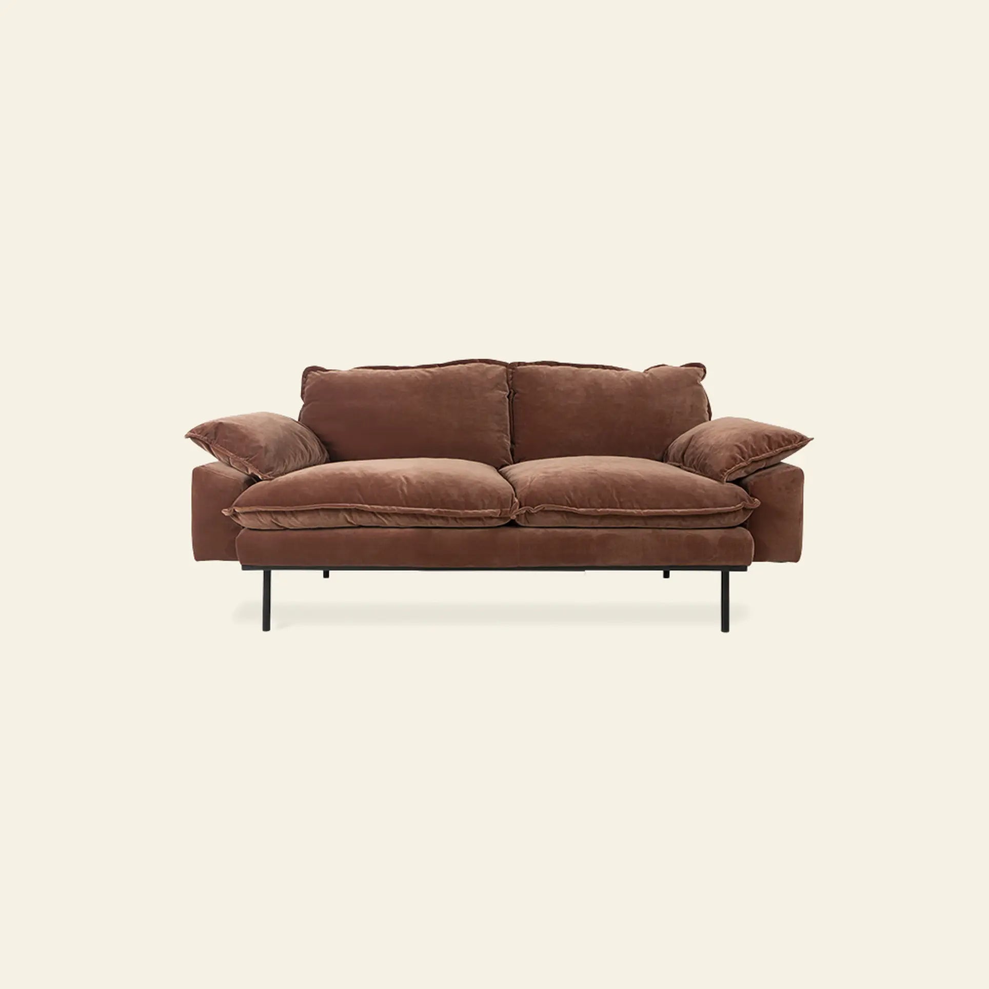 The HKLIVING Retro Sofa, 2-Seats by HKLIVING is a brown, plush vintage-inspired sofa with overstuffed cushions and slim black metal legs, featured against a plain off-white background.