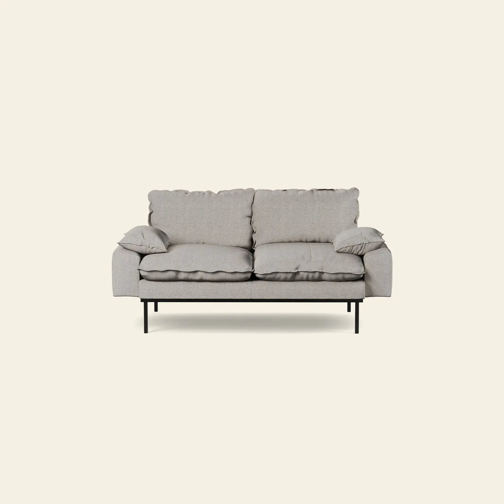 The HKLIVING Retro Sofa, 2-Seats by HKLIVING features plush light gray fabric cushions and black metal legs, showcased against an off-white background.