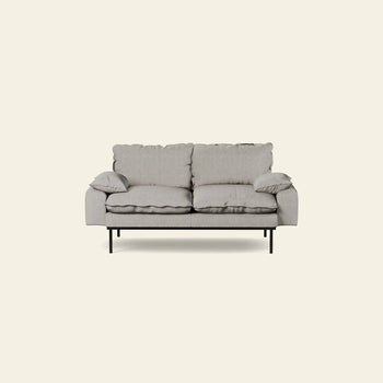 The HKLIVING Retro Sofa, 2-Seats by HKLIVING features plush light gray fabric cushions and black metal legs, showcased against an off-white background.