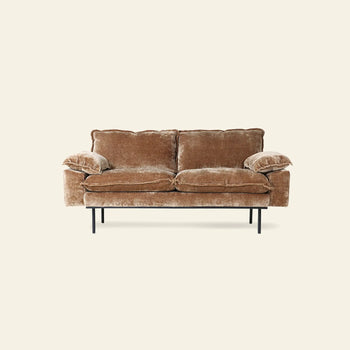 The HKLIVING Retro Sofa, 2-Seats, features plush brown cushions and black metal legs, and is showcased against a light beige background.
