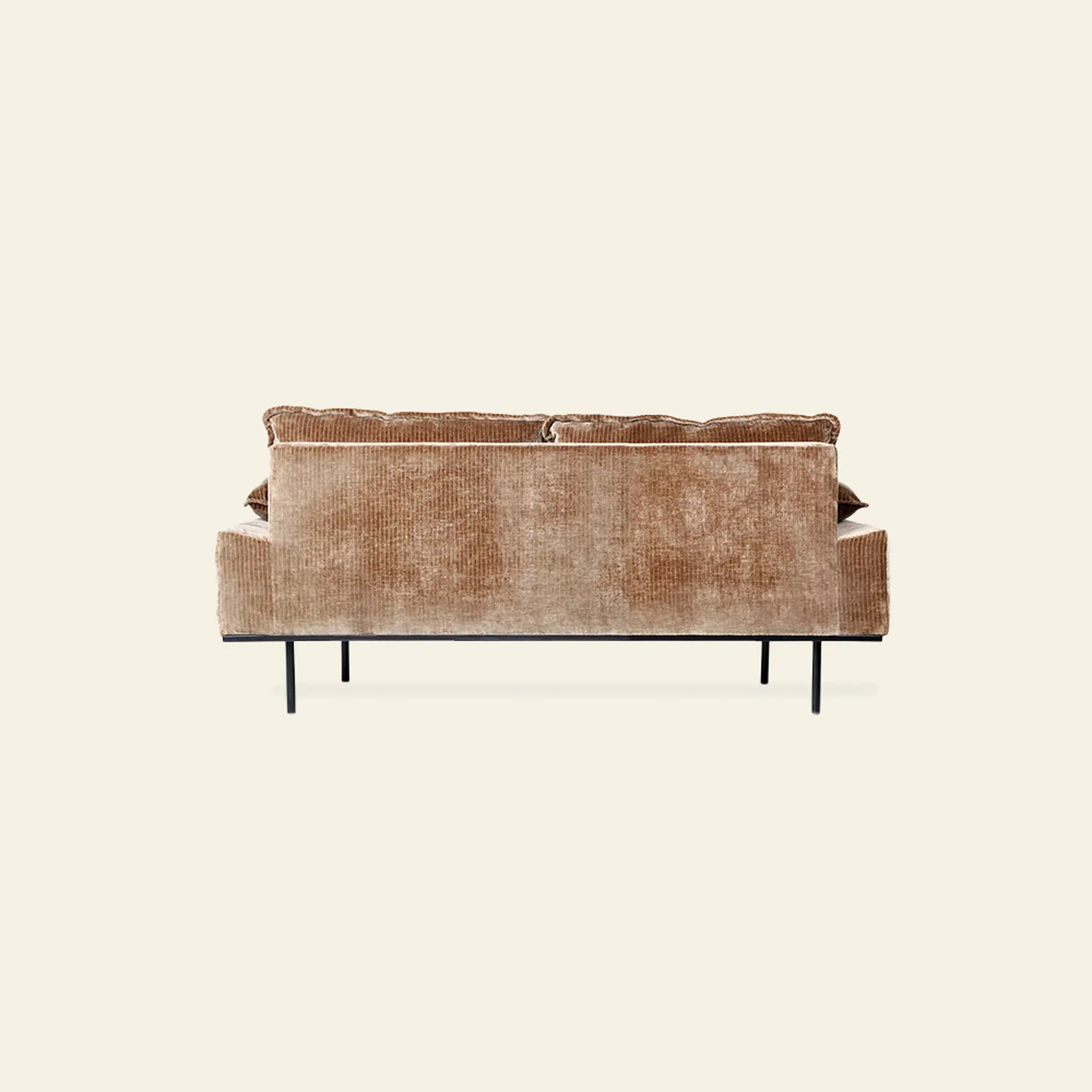 The HKLIVING Retro Sofa, 2-Seats, by HKLIVING, showcases a vintage-inspired brown corduroy design with slim black metal legs and a classic silhouette, viewed from the back against a plain light background.