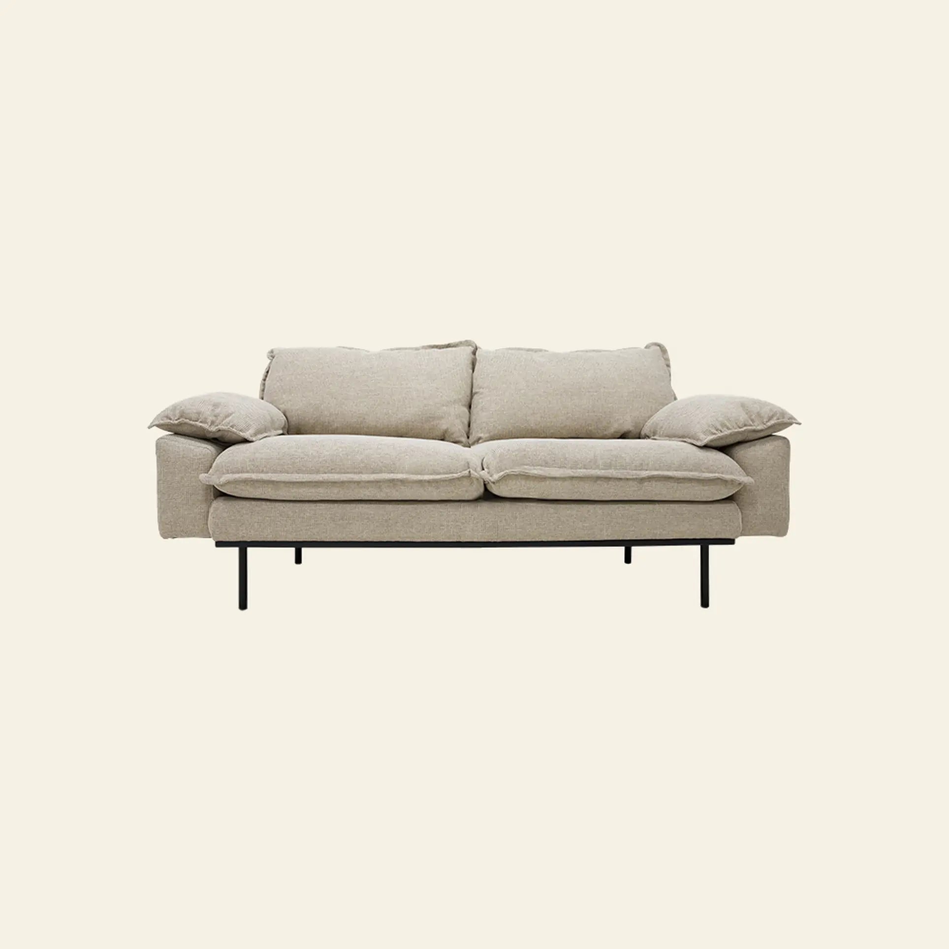The HKLIVING Retro Sofa, 2-Seats by HKLIVING features plush beige cushions and slim black metal legs, styled here against a plain off-white background.