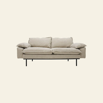 The HKLIVING Retro Sofa, 2-Seats by HKLIVING features plush beige cushions and slim black metal legs, styled here against a plain off-white background.