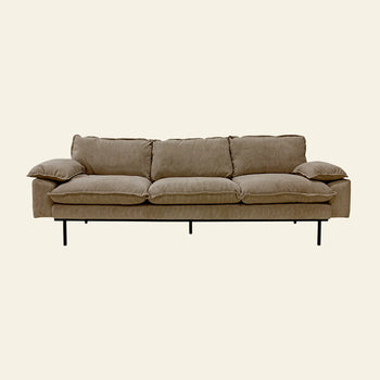 The HKLIVING Retro Sofa, 3-Seats, features modern tan corduroy upholstery, plush cushions, and slim black metal legs, displayed against a plain light background.