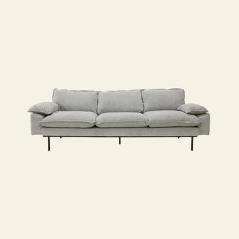 The HKLIVING Retro Sofa, 3-Seats by HKLIVING features plush light gray cushions and slim black metal legs, shown against a plain off-white background.