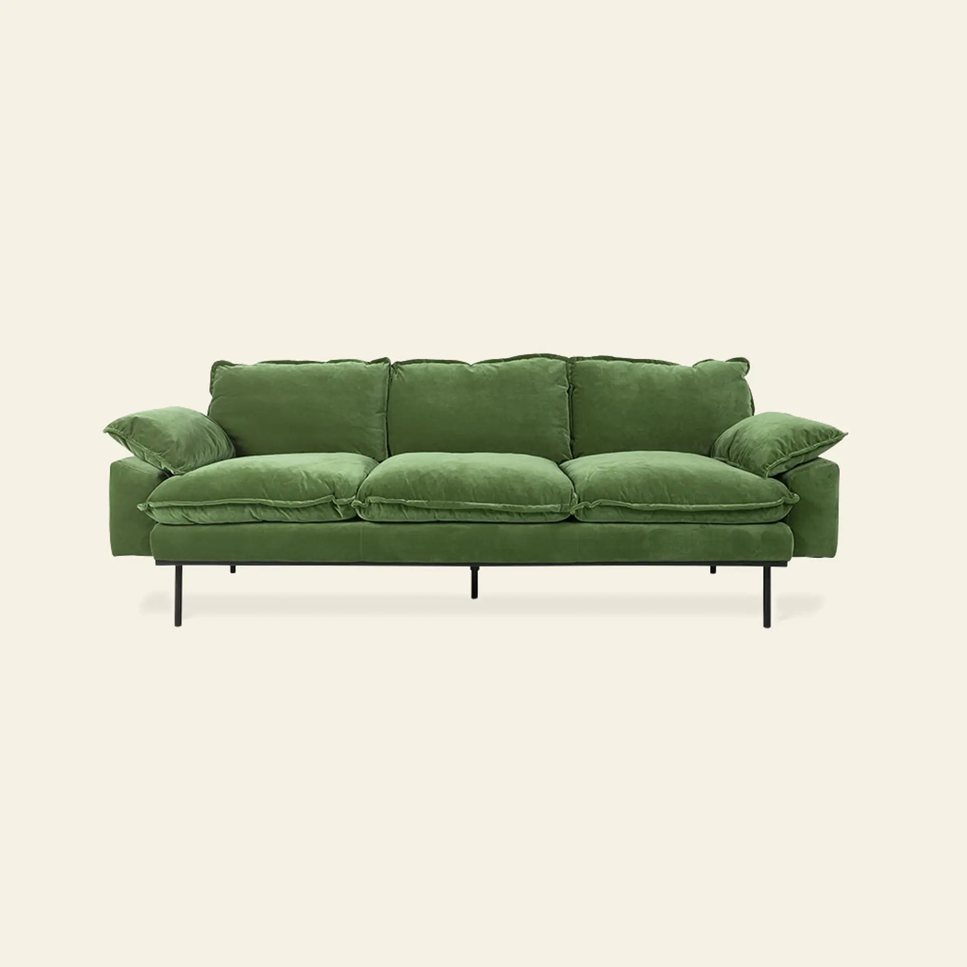 The HKLIVING Retro Sofa, 3-Seats by HKLIVING features a modern green design with plush cushions and slim black legs, set against a plain off-white background.