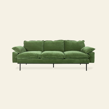 The HKLIVING Retro Sofa, 3-Seats by HKLIVING features a modern green design with plush cushions and slim black legs, set against a plain off-white background.