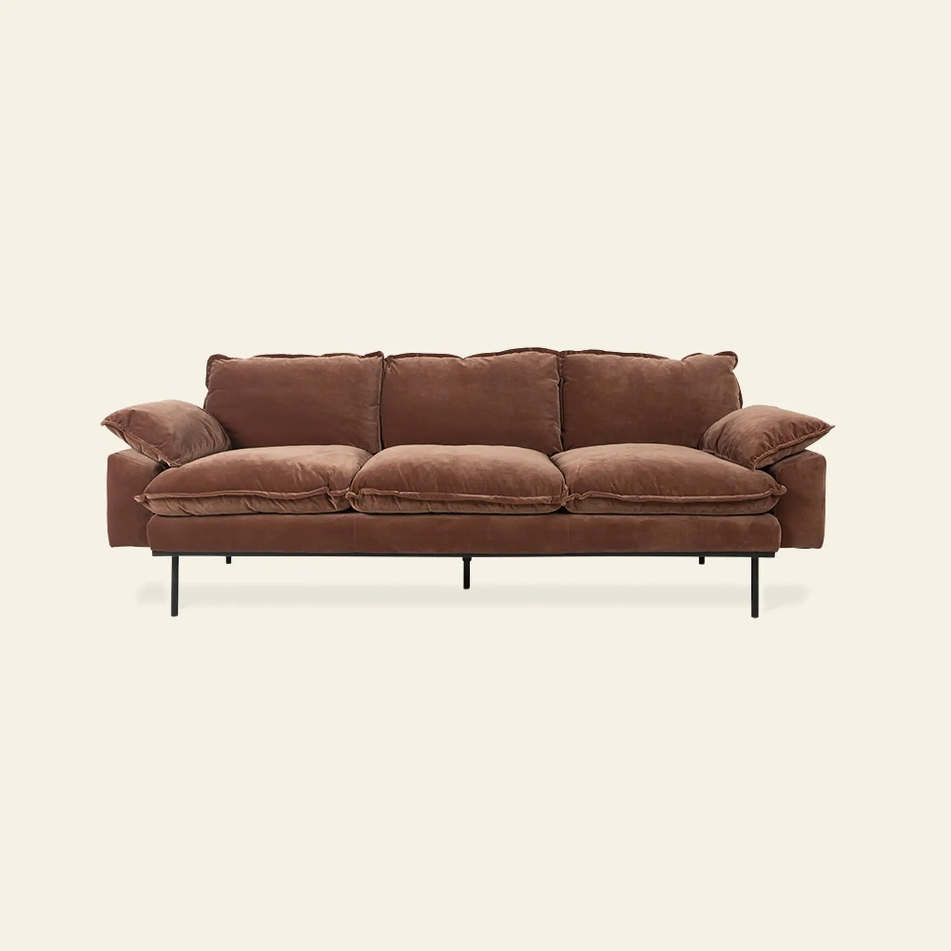 The HKLIVING Retro Sofa, 3-Seats, features brown plush upholstery, deep cushions, low armrests, and slim black metal legs. Displayed against a plain off-white background.