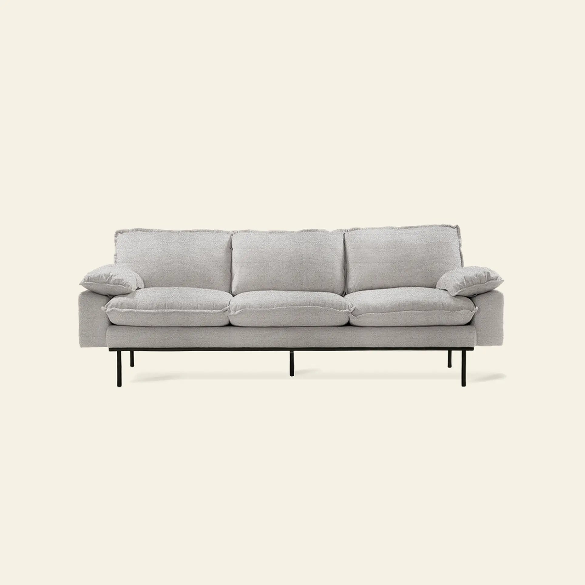 The HKLIVING Retro Sofa, 3-Seats, features light gray fabric, three seat and back cushions, two armrest pillows, and slim black metal legs, set against a plain off-white background.