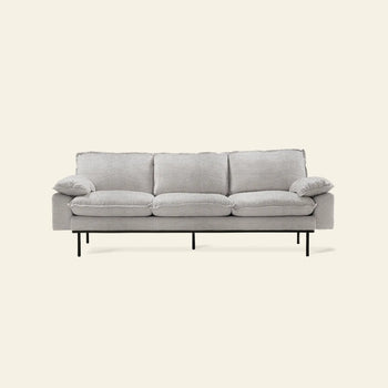 The HKLIVING Retro Sofa, 3-Seats, features light gray fabric, three seat and back cushions, two armrest pillows, and slim black metal legs, set against a plain off-white background.