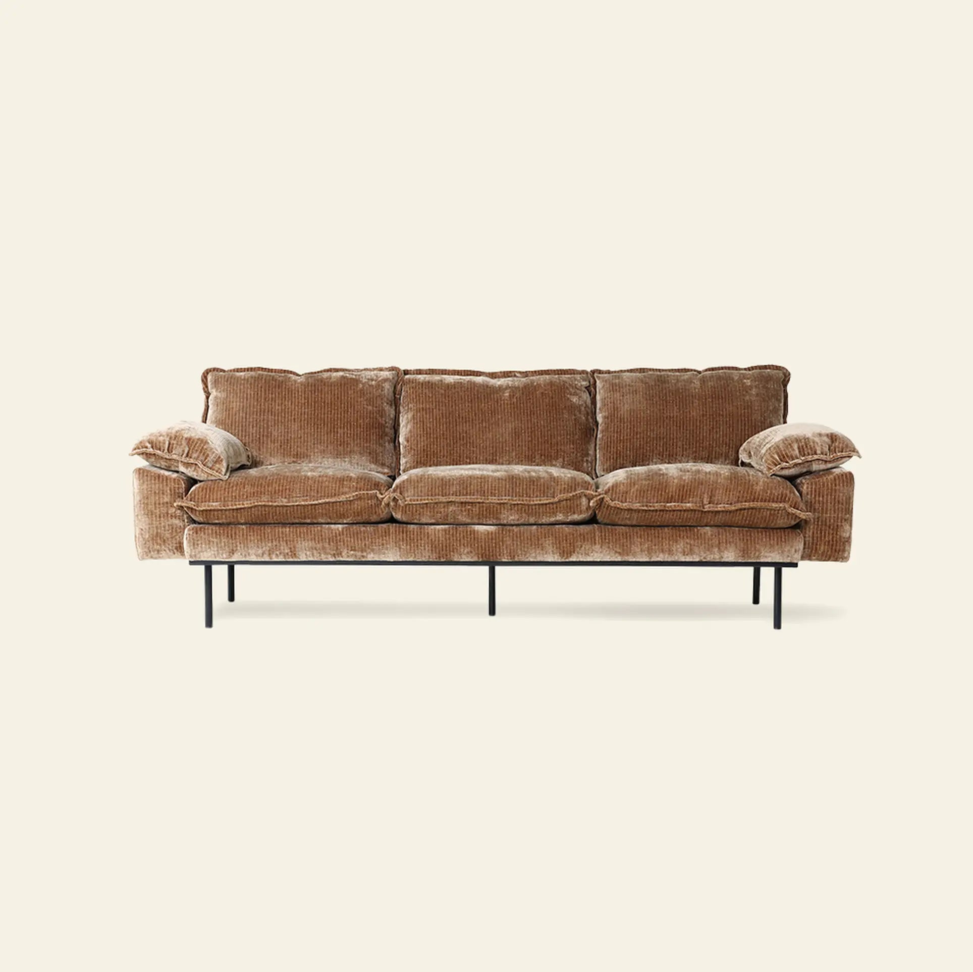 The HKLIVING Retro Sofa, 3-Seats by HKLIVING features brown corduroy upholstery, plush back pillows, wide armrests, and slim black metal legs, shown here against a plain light background.