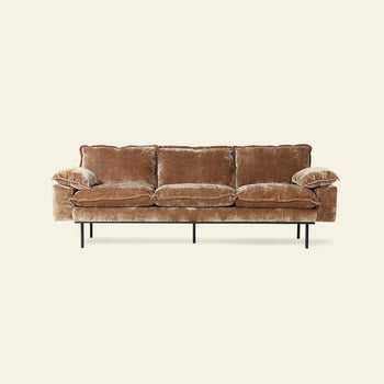 The HKLIVING Retro Sofa, 3-Seats by HKLIVING features brown corduroy upholstery, plush back pillows, wide armrests, and slim black metal legs, shown here against a plain light background.
