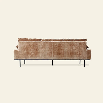 The HKLIVING Retro Sofa, 3-Seats, by HKLIVING is shown from the back in tan with two large seat cushions, straight lines, and slim black metal legs, set against a plain light background.