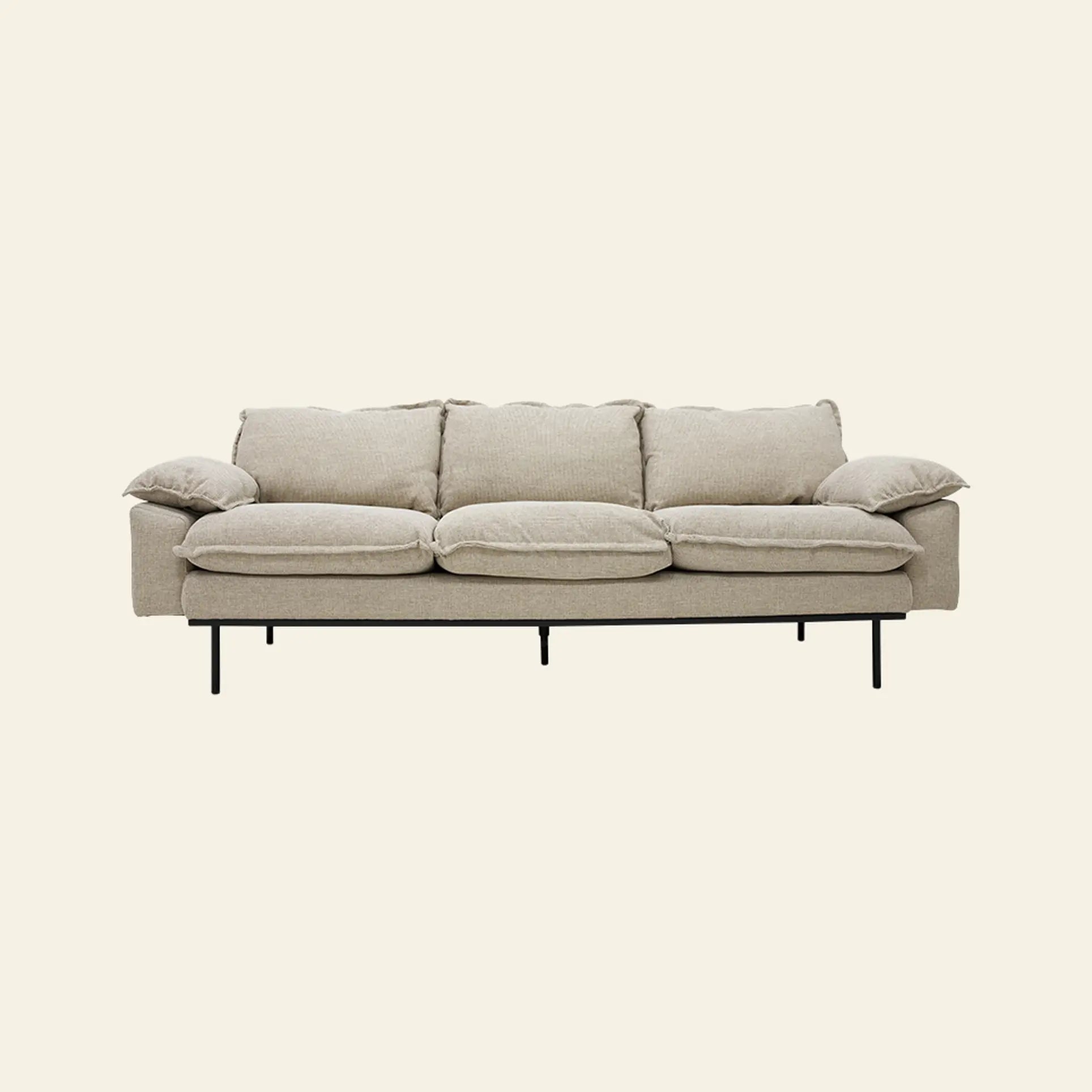 The HKLIVING Retro Sofa, 3-Seats, features plush beige cushions and slim black metal legs in a vintage style, set against a light background.
